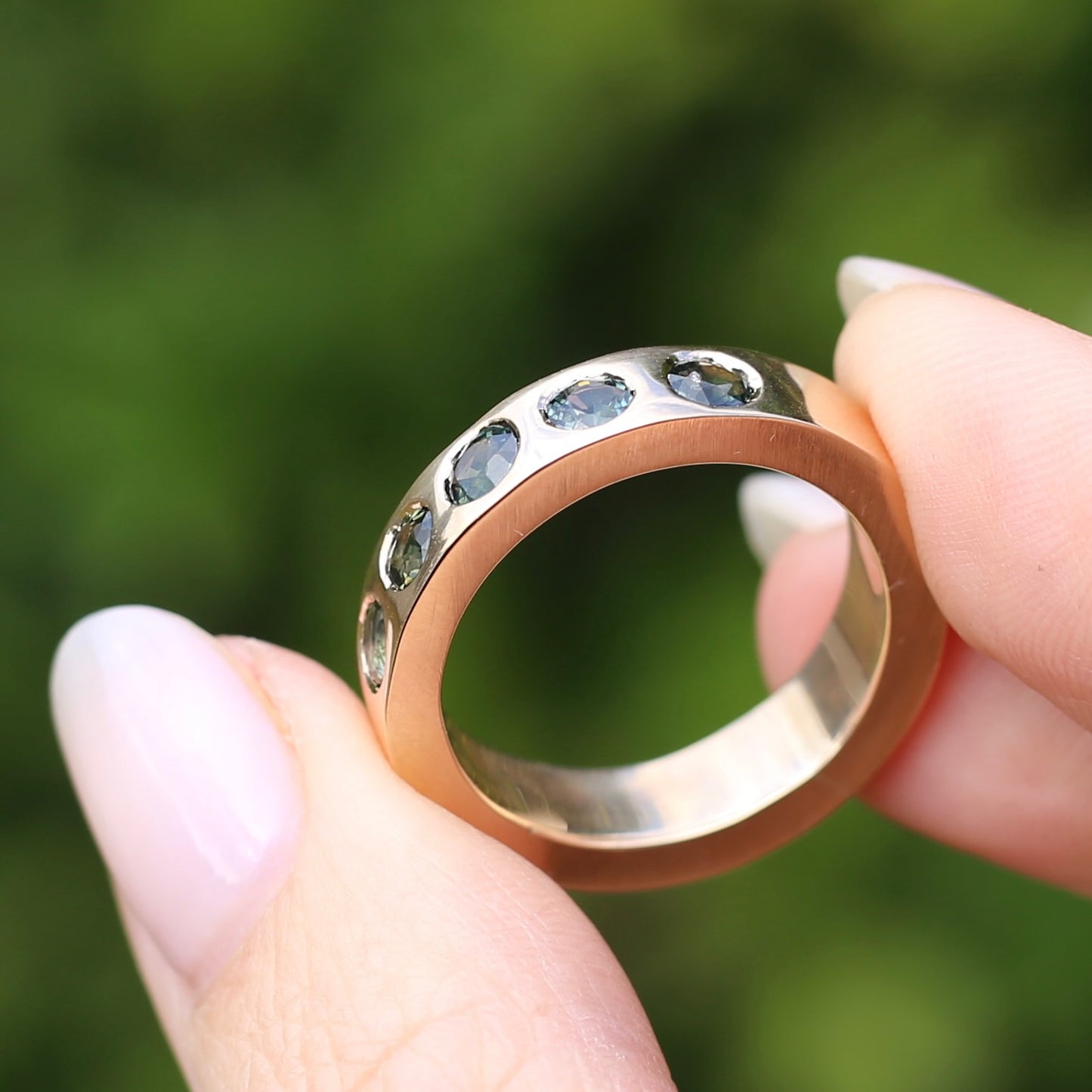 Custom Reclaimed Gold Chunky 9ct Rings with 4mm Parti Sapphires