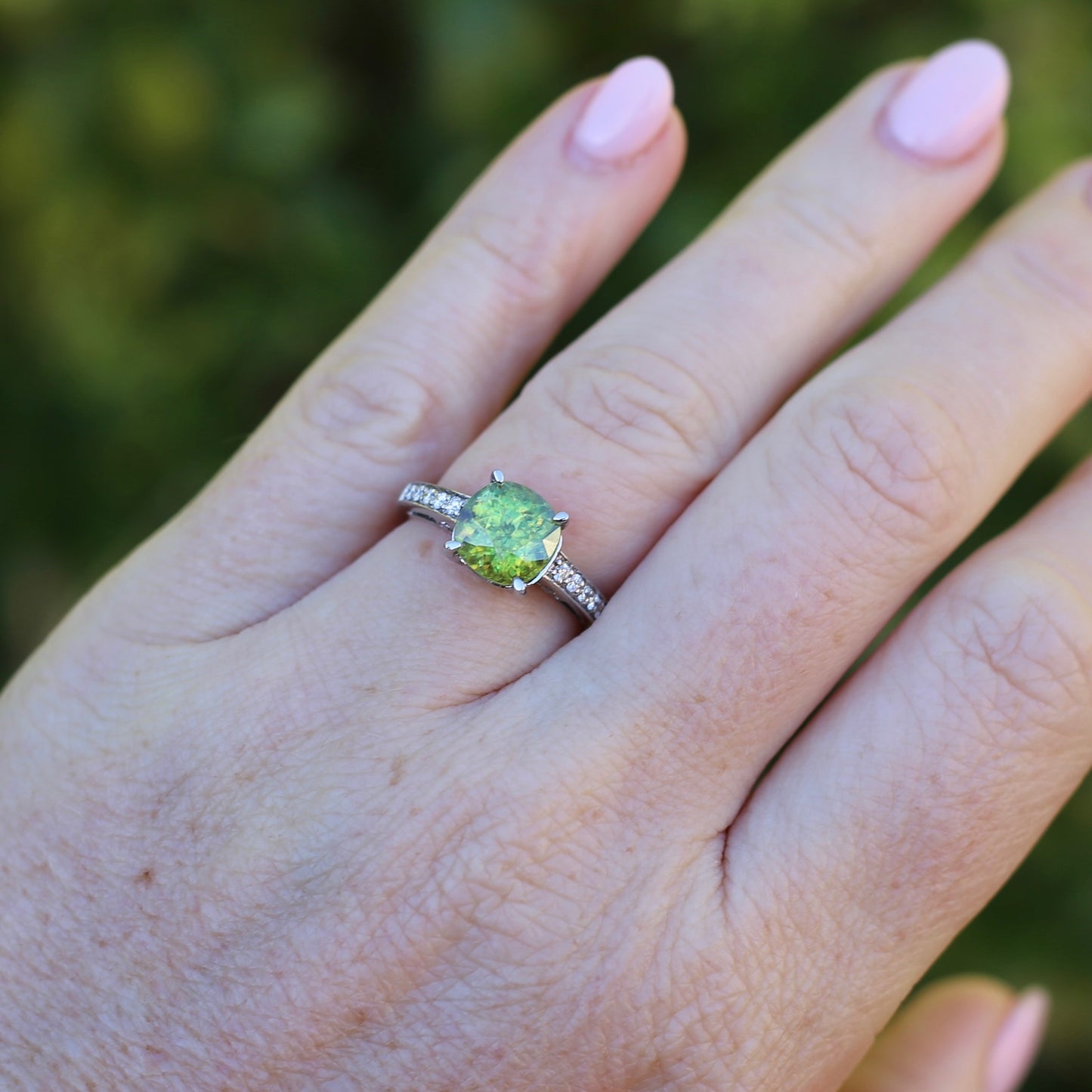 4.11ct Green Zircon and Diamond Ring, 14ct White Gold, size N1/2 or 7, with valuation