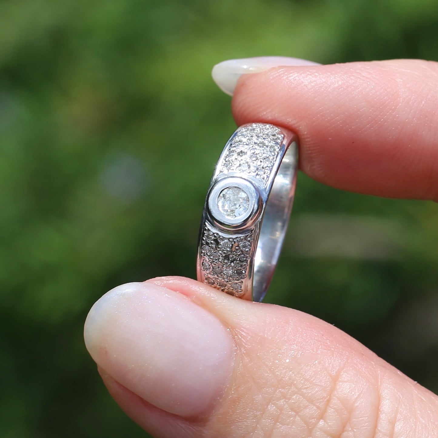 Bezel Set Old European Cut Diamond, in Pavé Setting of Diamonds, Chunky Platinum, size Q or 8 (fits more like an O1/2 - P), with valuation