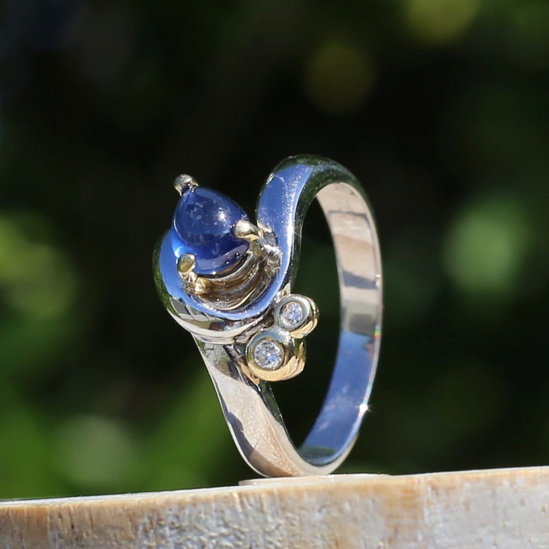 Chunky Asymetrical Mixed Metal Pear Sapphire Cabochon and Diamond ring, 18ct Yellow and White Gold, size 7.5 or just over O1/2