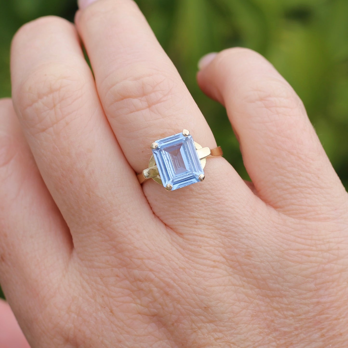 Emerald Cut Synthetic Blue Spinel in Gorgeous Art Deco Setting, 14ct Yellow Gold, size O or 7.25