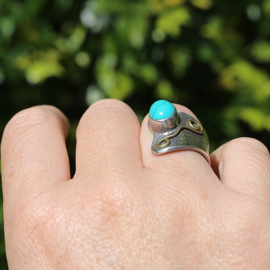 Rustic Silver and Turquoise Cuff Ring, sizeable