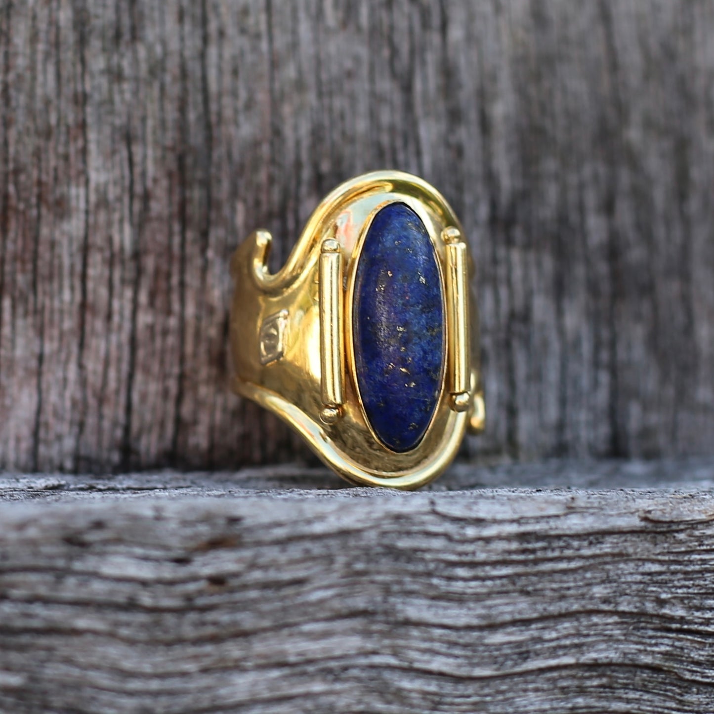 18ct Gold and Lapis Lazuli Cabochon Cuff Ring, size O but sizeable