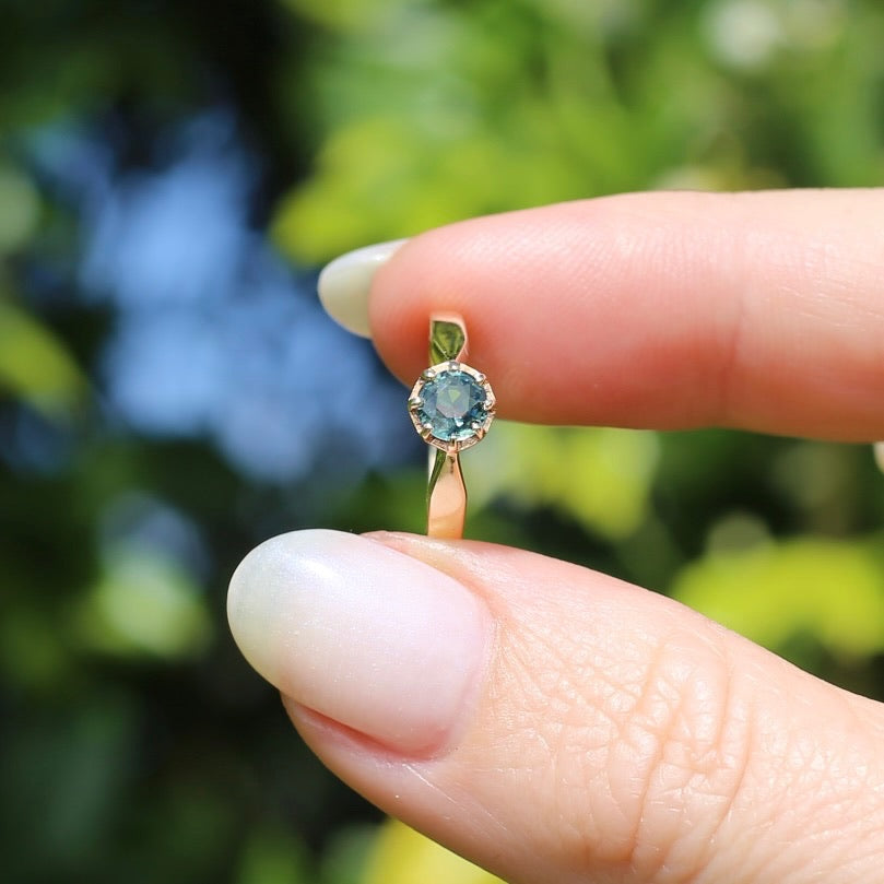 Seafoam Sapphire Solitaire in 8 Claw Setting, 9ct Yellow Gold, size L or just under 5.5