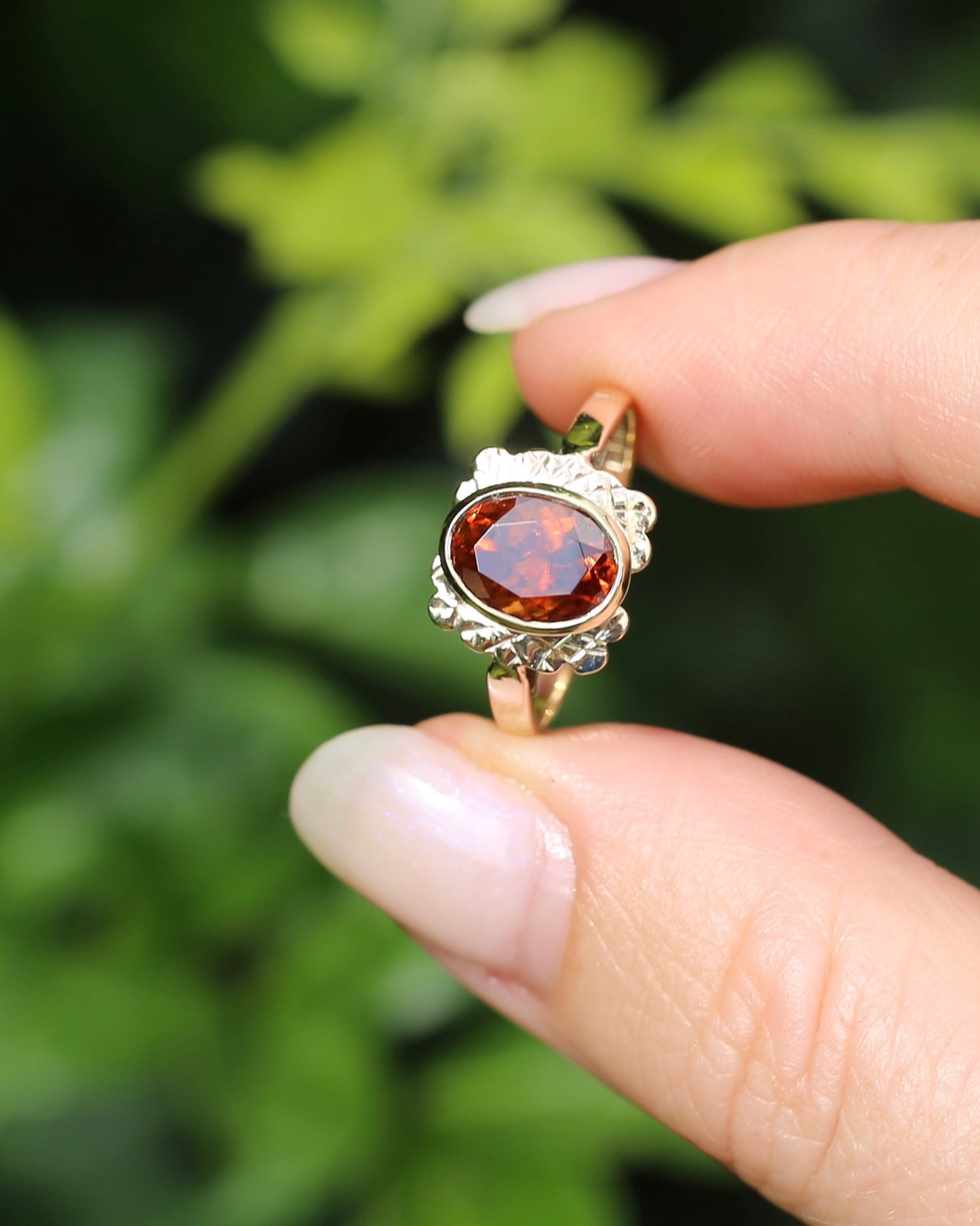 Custom Cut 3.54ct Oval Whiskey Brown Zircon, Bezel Set, 9ct Yellow Gold Birmingham Made 1994 Ring, size P or 7.75