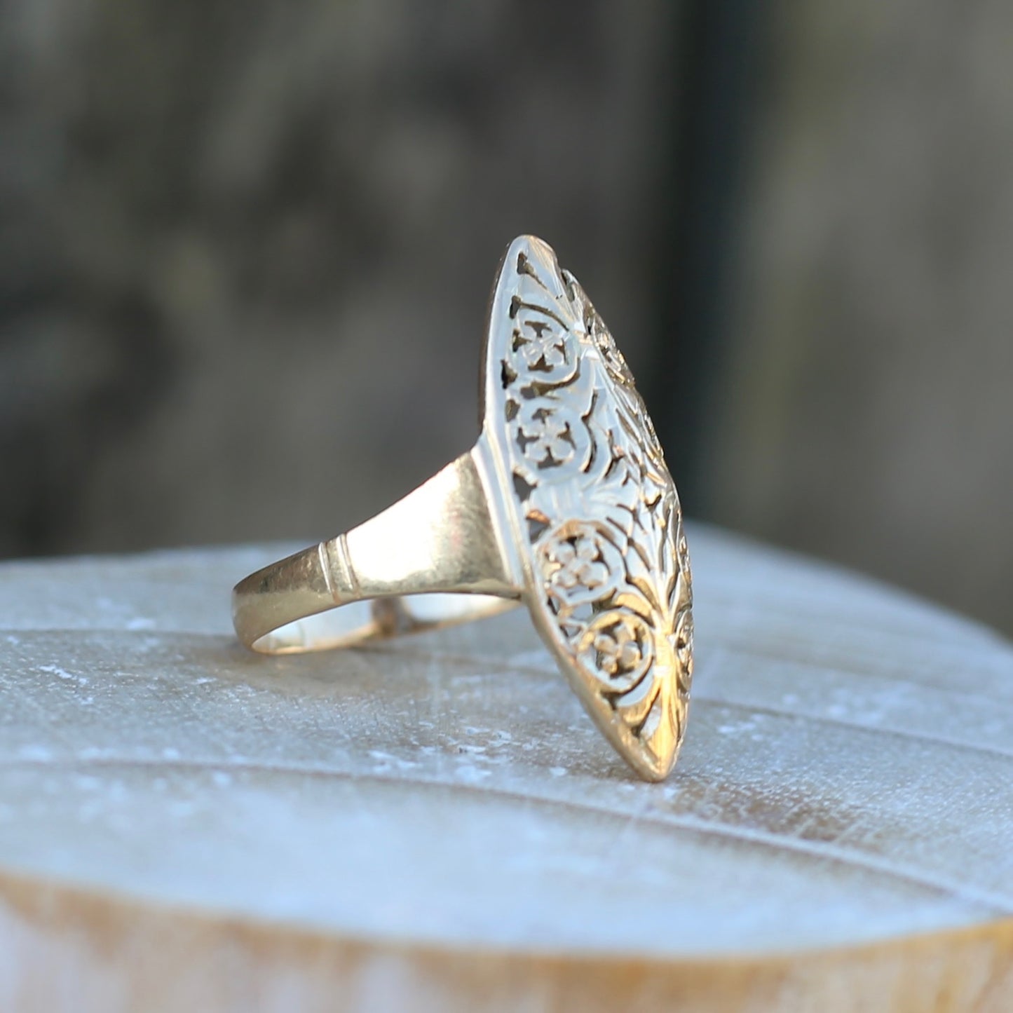 Hand Carved Navette Ring, 14ct Yellow Gold, size Q or 8.25g