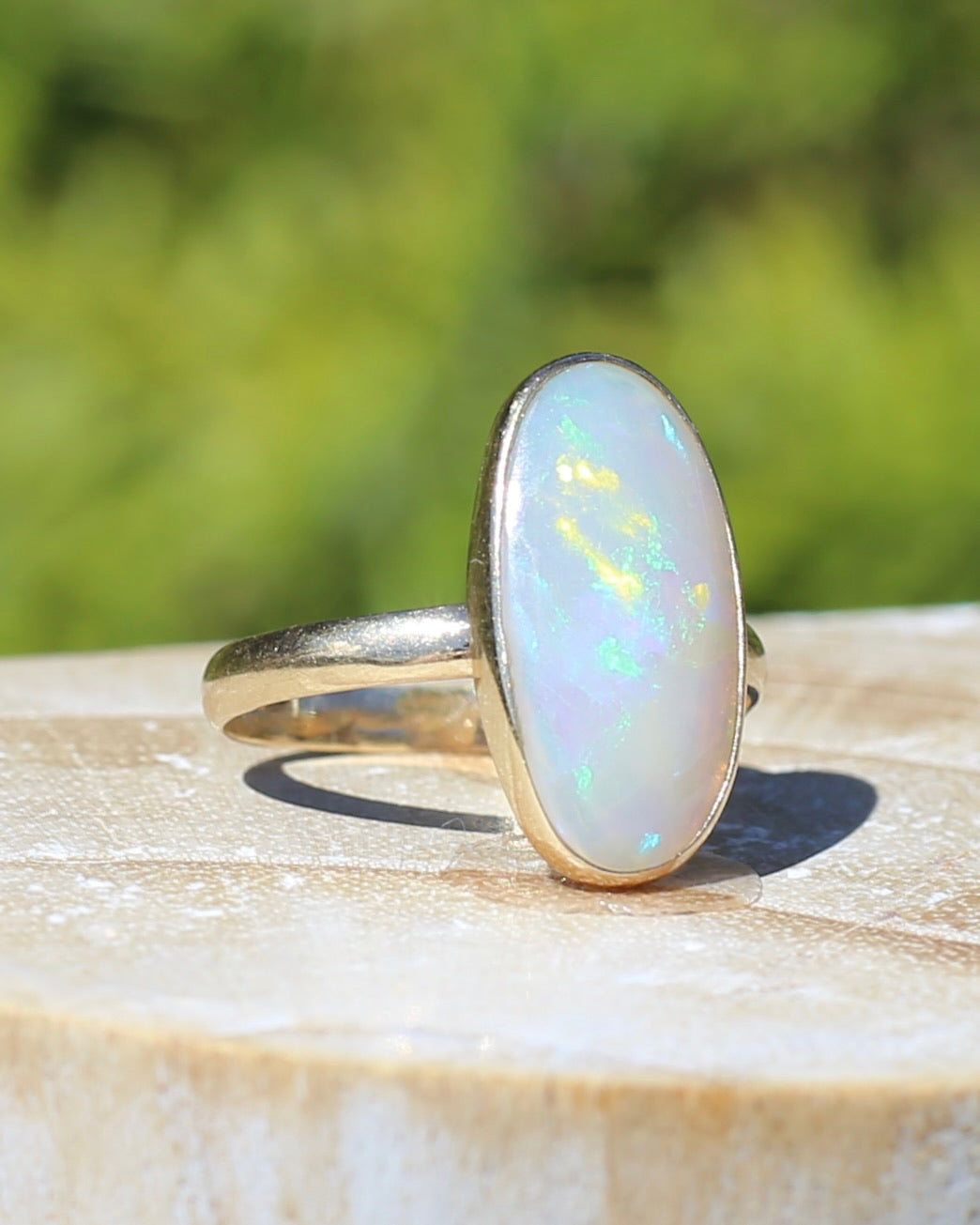 Crystal Opal Cabochon, Low Profile, in Bezel Set 9ct Yellow Gold, size T1/2 or 9.75