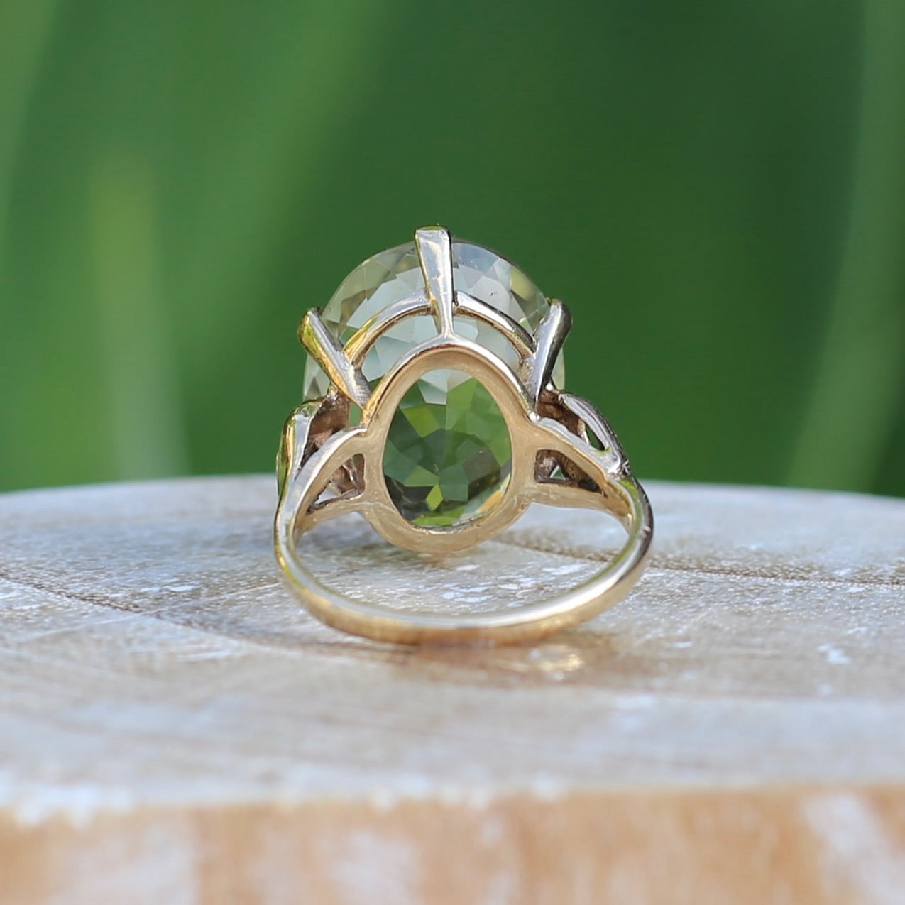 10.22ct Oval Prasiolite Cocktail Ring in Chunky 6 Claw Setting, 9ct Yellow Gold, size L or 5.75