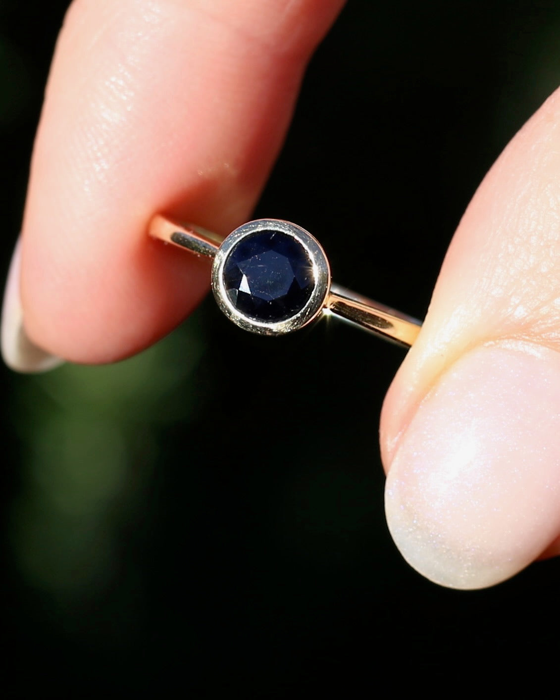 Bezel Set Opaque Navy Sapphire, 9ct Yellow Gold, size O or 7.25