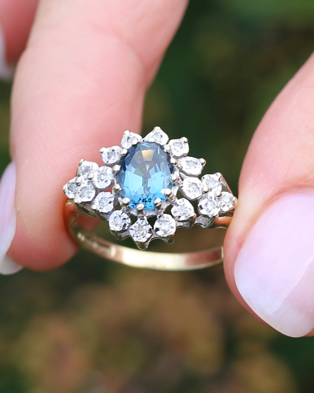 1989 Blue Zircon and Diamond Halo Ring, 9ct Yellow and White Gold, size N1/2 or 7, 3.18g