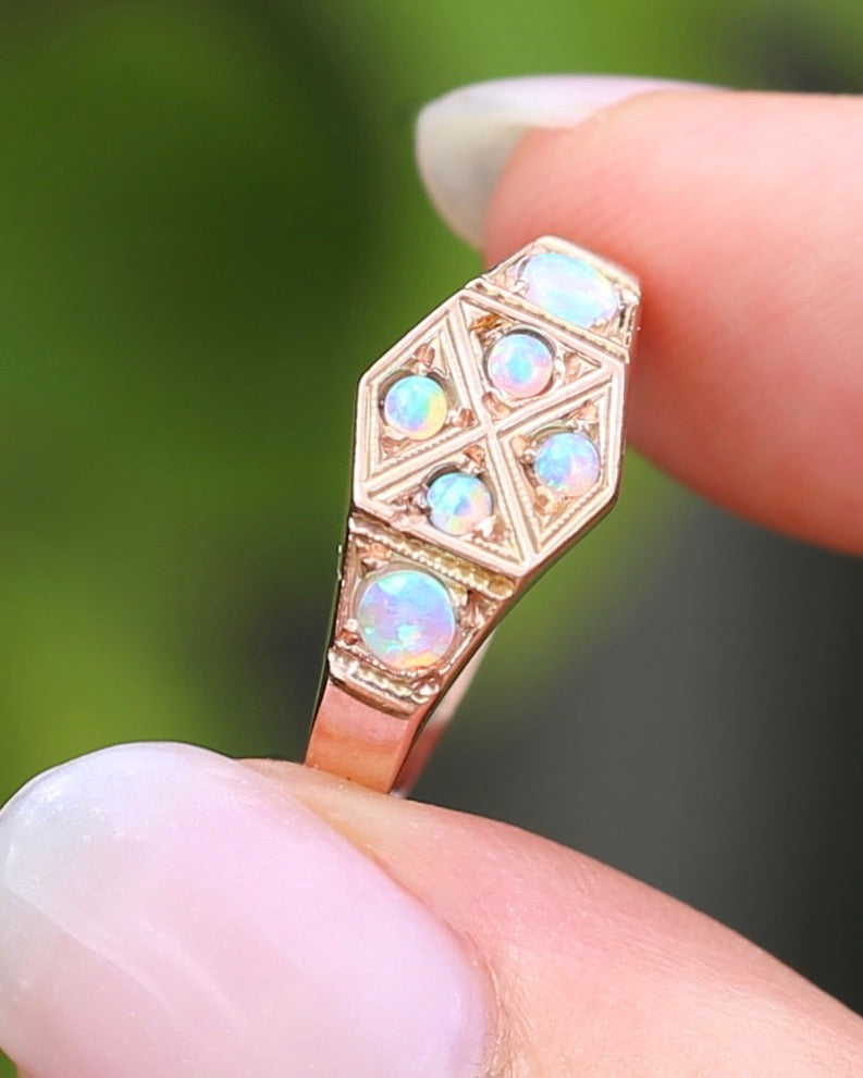 Outstanding Opals in Birmingham Made Rose Gold Shield Faced Ring, 9ct Rose Gold, size Q or 8.25, 2.57g