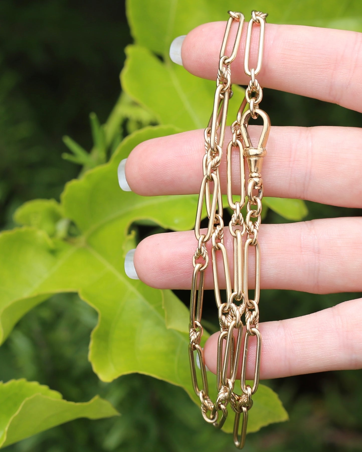 Vintique Trombone and Love Link Chain Single Albert Clasp, 9ct Gold, 51cm or 20 inches, 22.5g