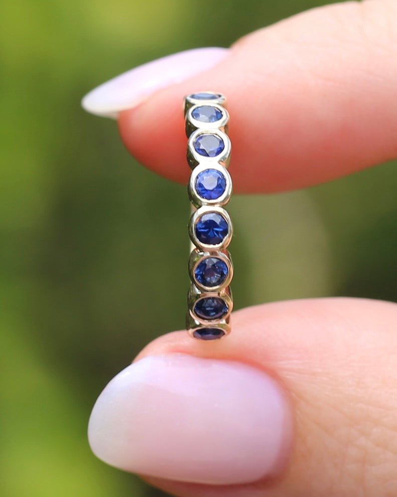 Second Glance - 9 Stone Bezel Set Blue Sapphire Bubble Half Eternity Ring, 9ct Yellow Gold, size N or just over 6.5, 2.80g