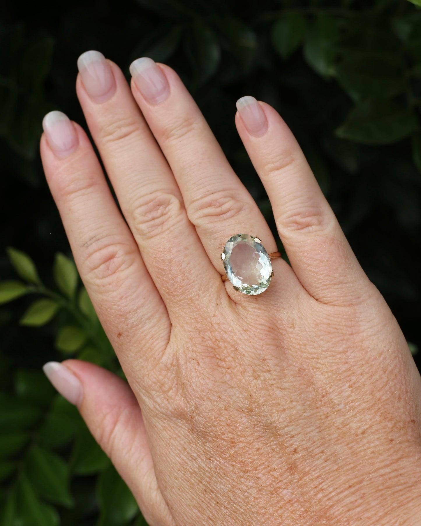 Vintage 10.5ct Oval Prasiolite or Green Amethyst Ring, 9ct Yellow Gold, size N1/2 or 7, 4.60g