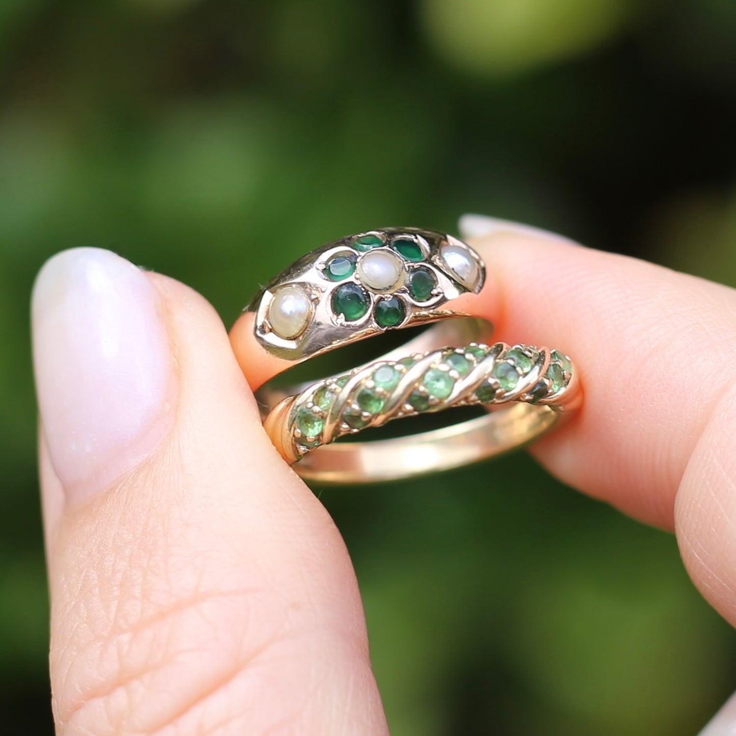 On hold Green Chrome Diopside or Garnet Rope Set Ring, 9ct Yellow Gold, size N or 6.75