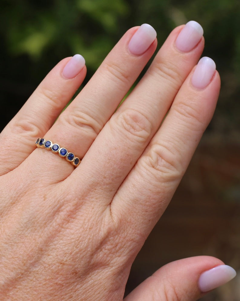 Second Glance - 9 Stone Bezel Set Blue Sapphire Bubble Half Eternity Ring, 9ct Yellow Gold, size N or just over 6.5, 2.80g