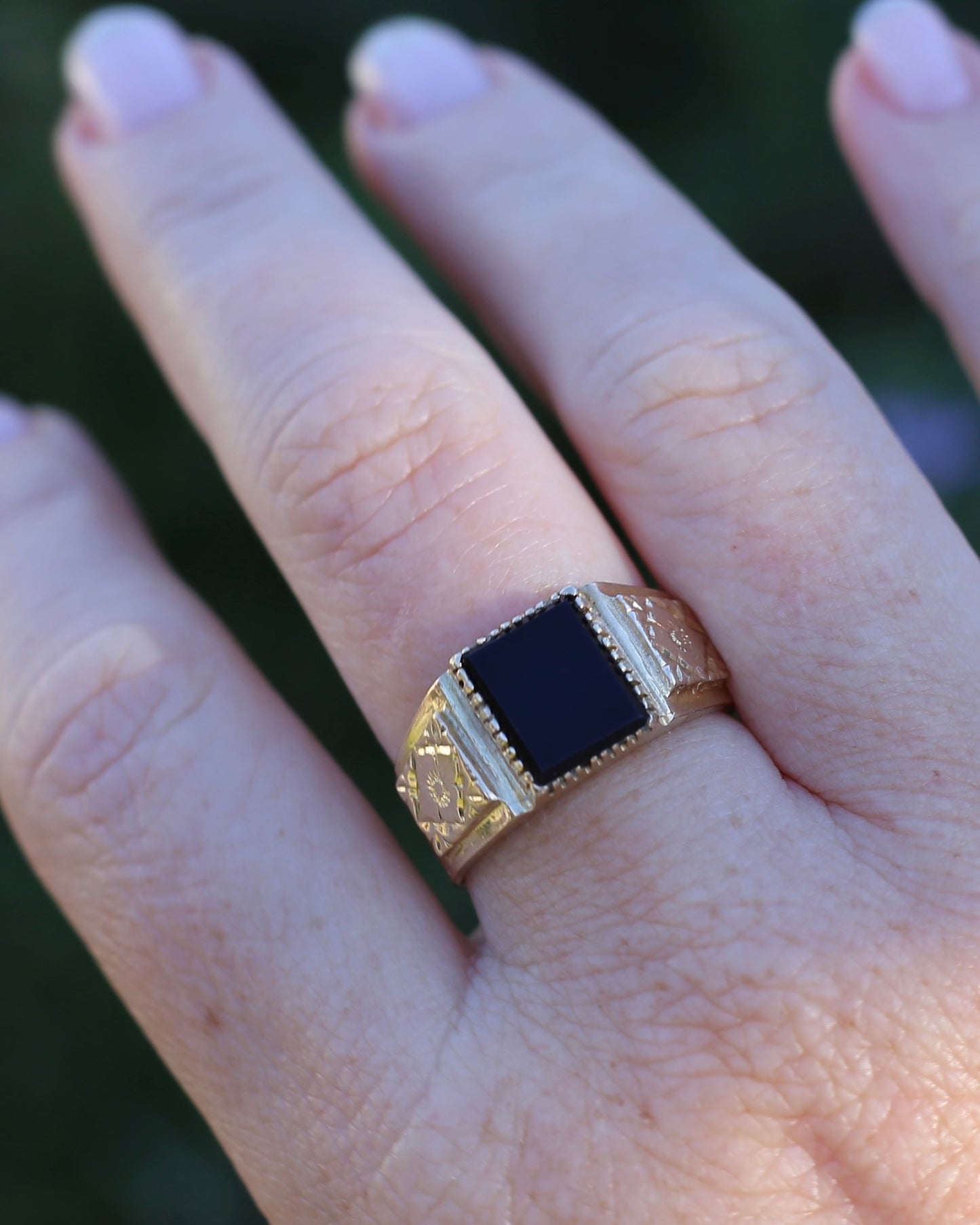 Chunky 1979 Onyx Signet with Floral Shoulders, 9ct Yellow Gold, size 10 or U