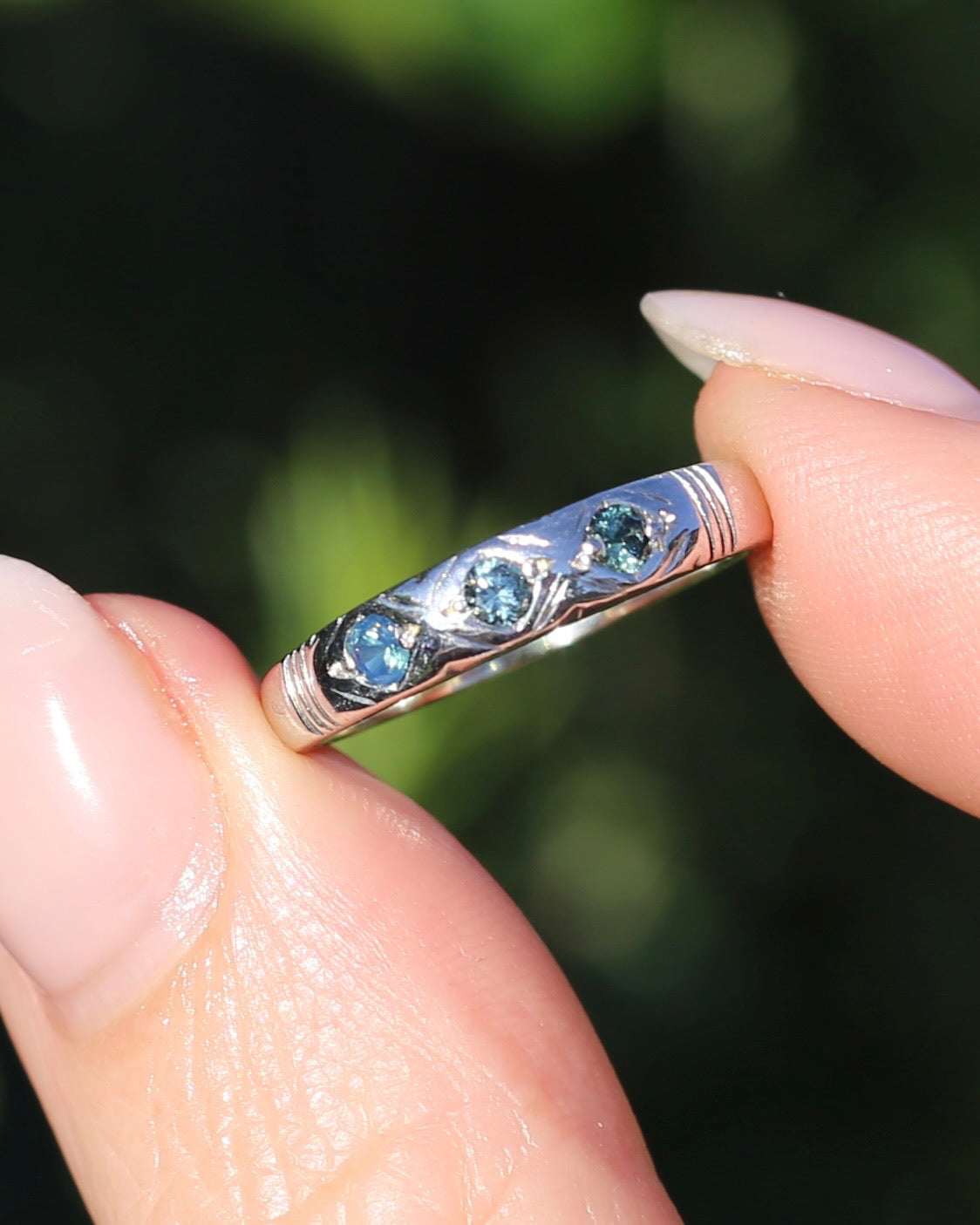 ON HOLD Australian Parti Sapphire Trilogy, 9ct White Gold Band, size N1/2 or just under 7, 2.67g