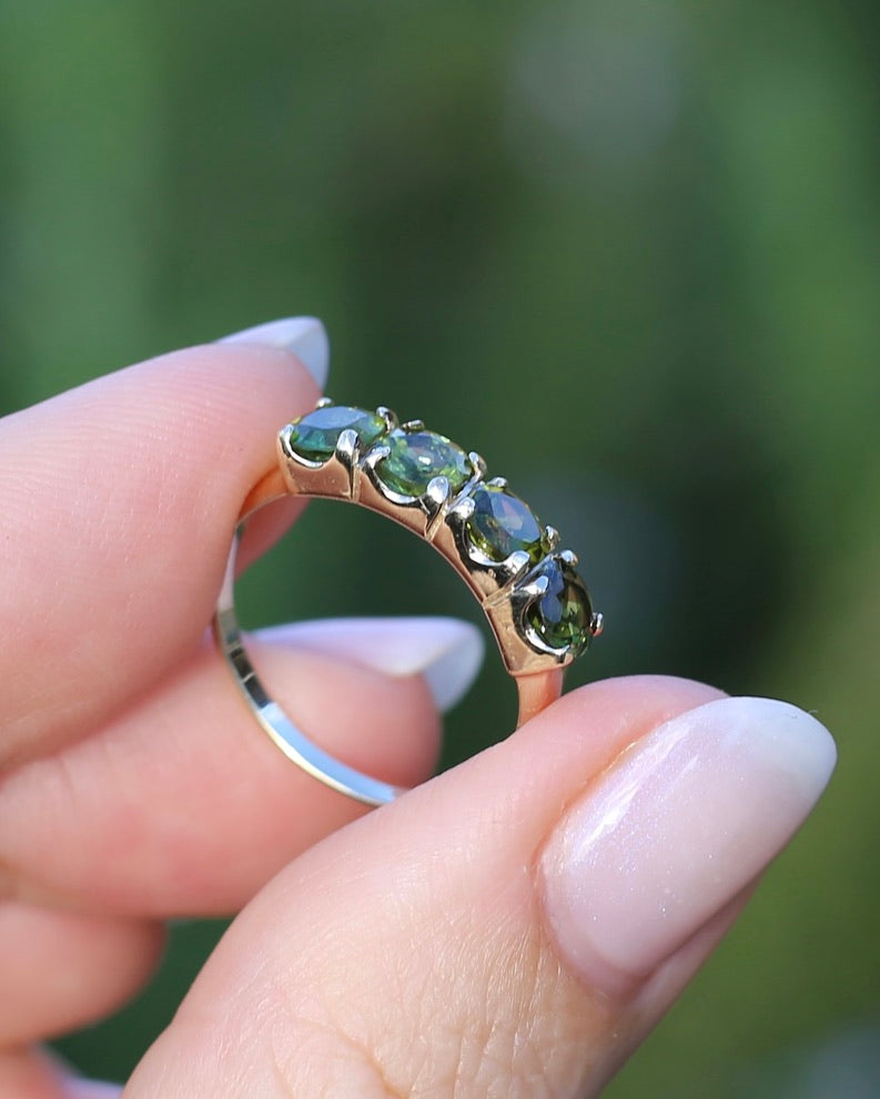 1.75ct Four Stone Natural Green Tourmaline Ring, 9ct Yellow Gold, size N1/2 or just over 6.75, 2.37g