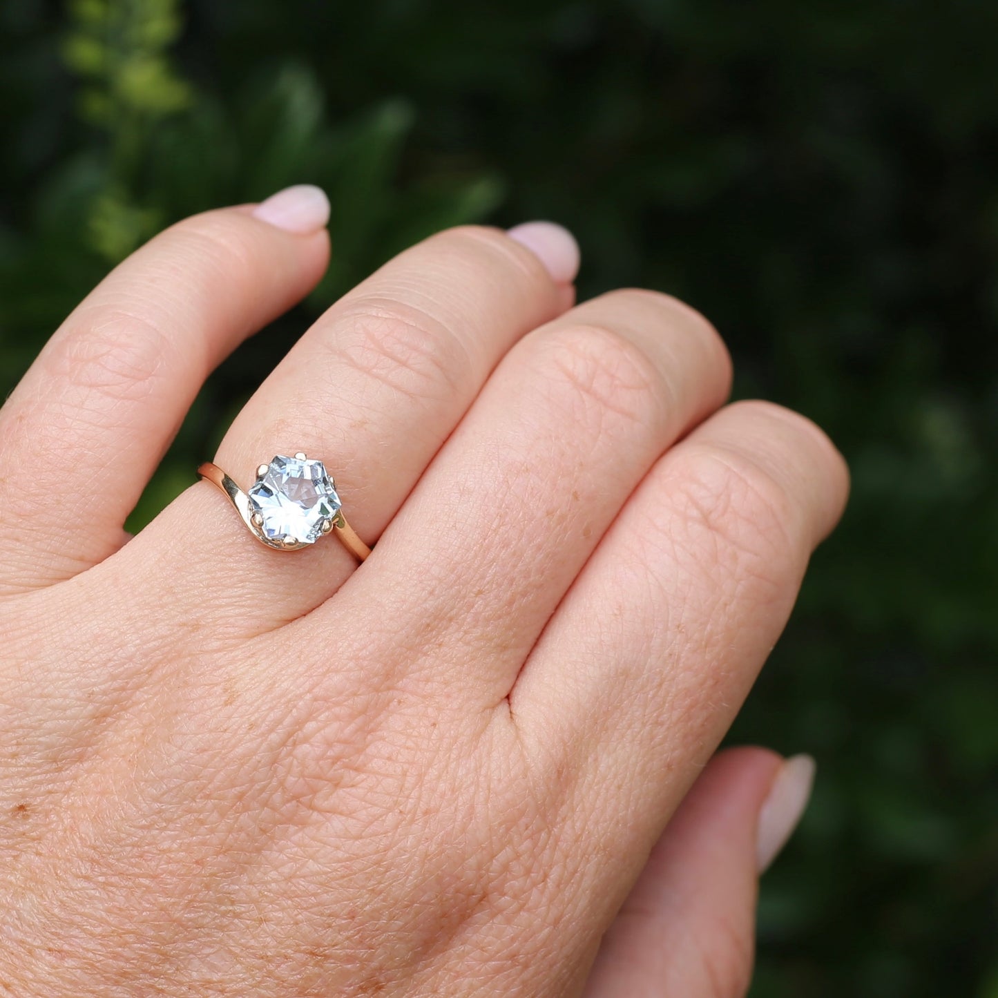 Fancy Hexagonal Cut Pale Blue Zircon Ring, 9ct Yellow Gold, size 7.5 or just over O1/2