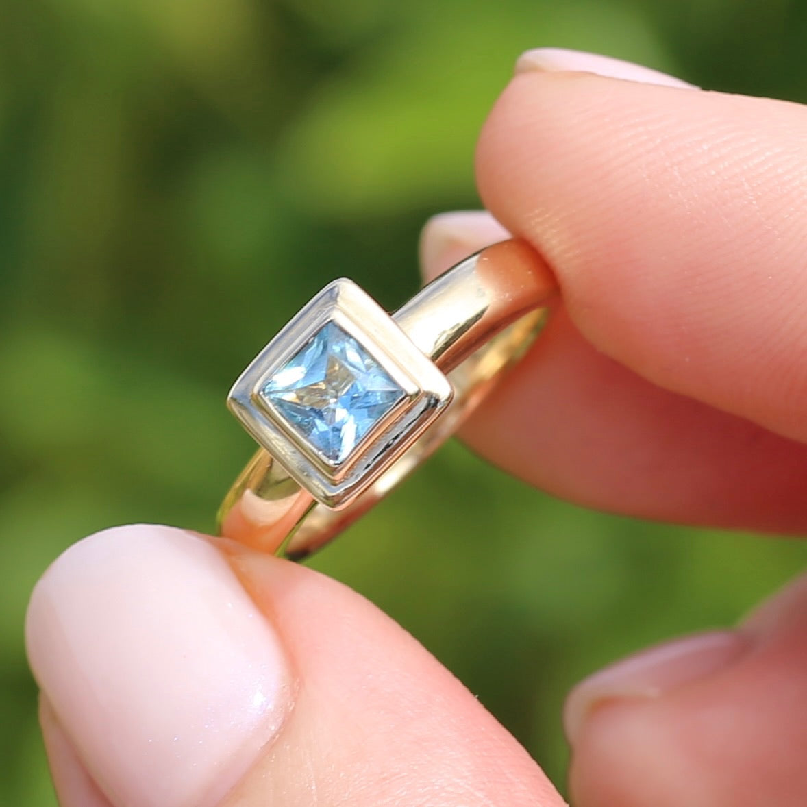 Chunky Bezel Set Princess Cut Blue Topaz, 9ct Yellow Gold, Size M1/2 or 6.5