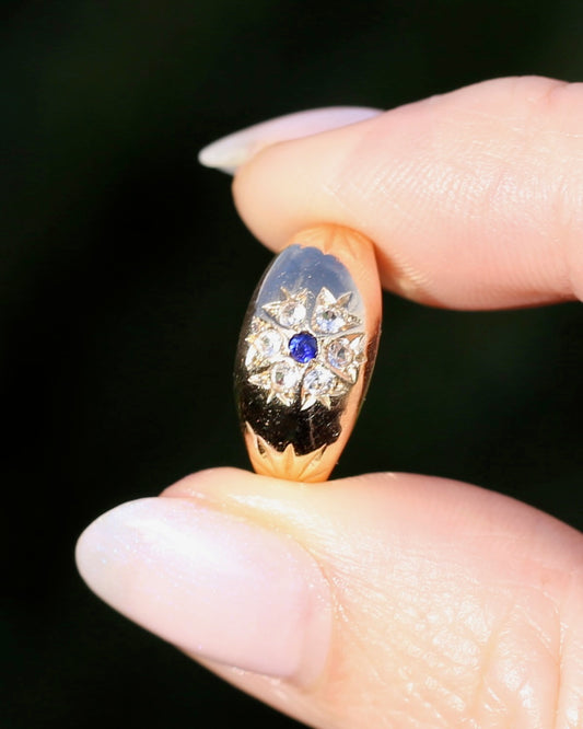 Vintage 1994 Birmingham Made Sapphire and White Stone Floral Cluster in Domed Ring, 9ct Yellow Gold, size J1/2 or 5