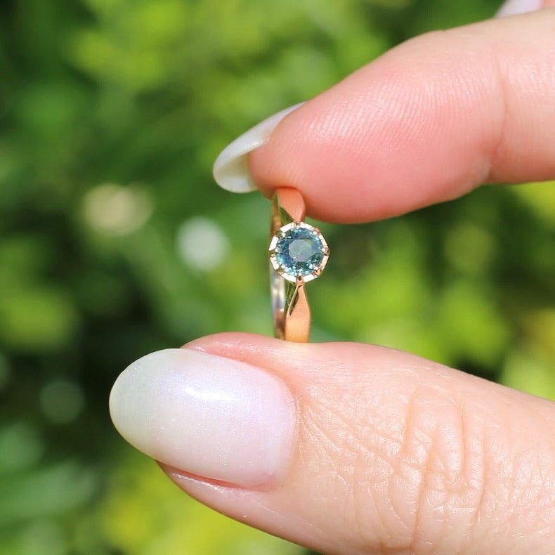 Seafoam Sapphire Solitaire in 8 Claw Setting, 9ct Yellow Gold, size L or just under 5.5