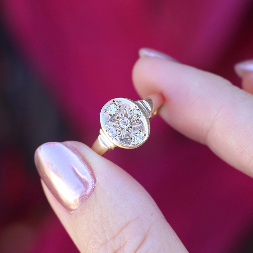 Early Australian Joseph Lawrence Signet Ring, Star Set with 5 Old Cut Diamonds, size T or 9.5