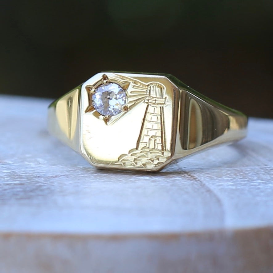 Vintique 15ct Old Cut Diamond Lighthouse Signet Ring, size 10.5 or V