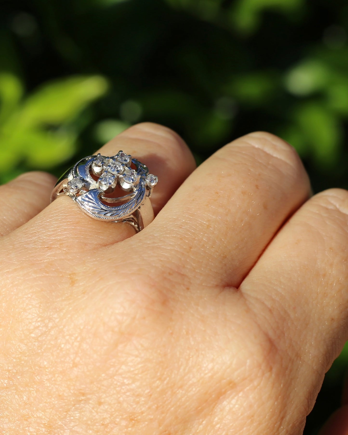 Old Cut and Early Brilliant Cluster Clover Ring, 9ct White Gold, size O or 7