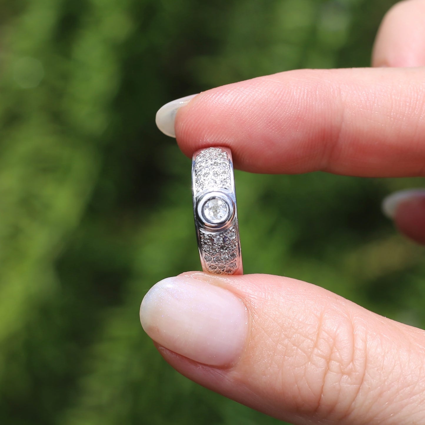 Bezel Set Old European Cut Diamond, in Pavé Setting of Diamonds, Chunky Platinum, size Q or 8 (fits more like an O1/2 - P), with valuation