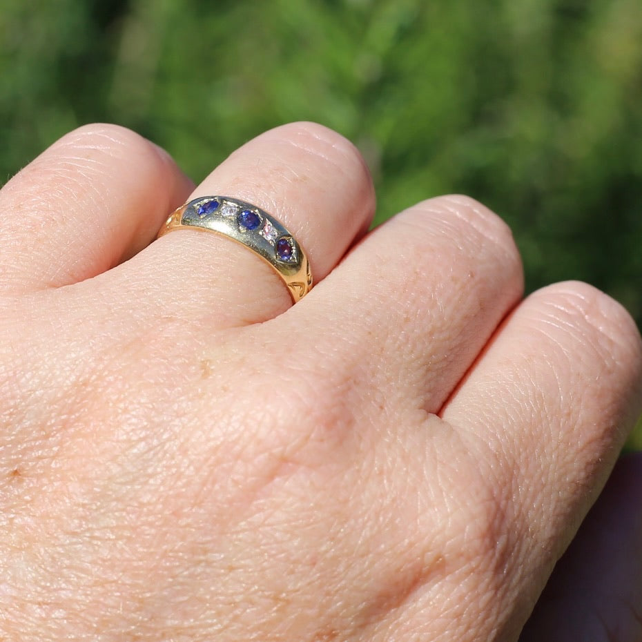 1897 Old Cut Sapphire and Diamond Five Stone Ring, 18ct Yellow Gold, size O or 7.25