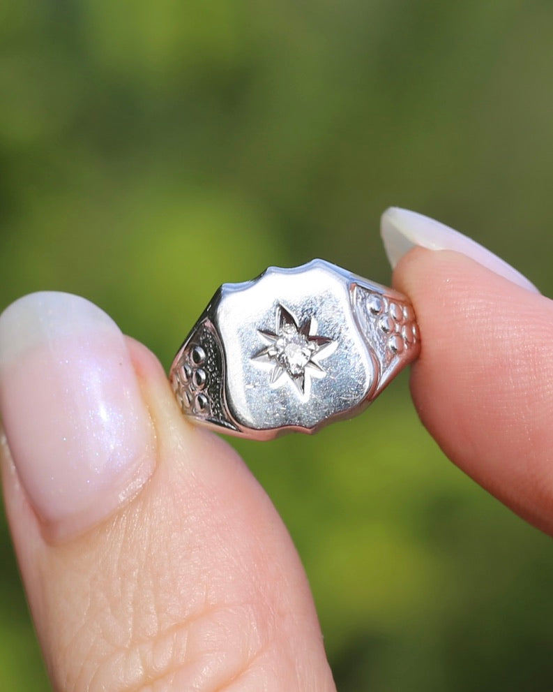 Vintage Shield Signet With Old Cut Diamond, 18ct White Gold, size N or just over 6.5 (fits more like an L1/2-M due to width), 6.86g