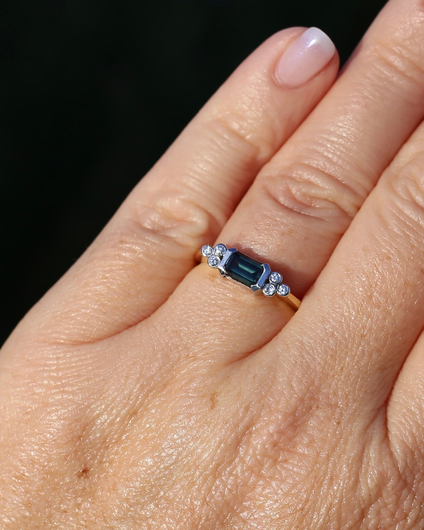 Vintage East West Set Natural Sapphire and Diamond Ring, 18ct Yellow and White Gold, size O or 7.25, 3.36g, with valuation