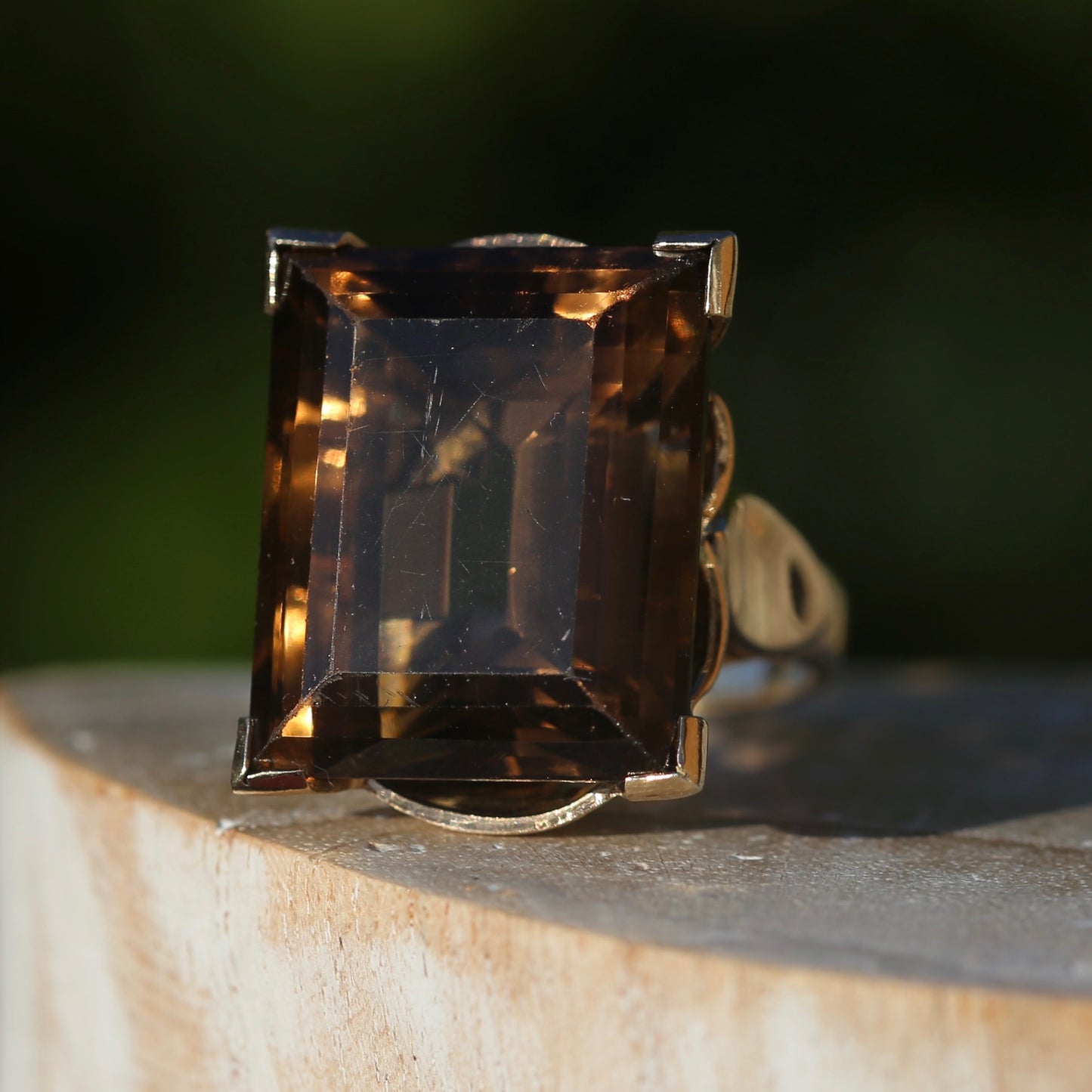 Mid Century 36ct Princess Cut Smoky Quartz Cocktail Ring, 9ct Yellow Gold, size N1/2 or 6.75