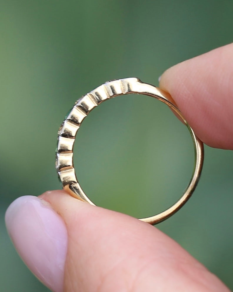 Natural Emerald and Diamond Half Hoop, 9ct Yellow and White Gold, size O or 7.25, 1.76g