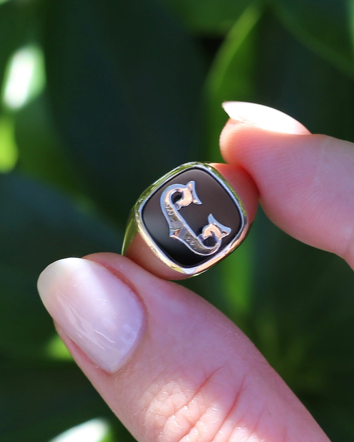 Vintage "C" Onyx Signet Ring, Bezel Set, Older Rosey Gold, size 9.5 or T