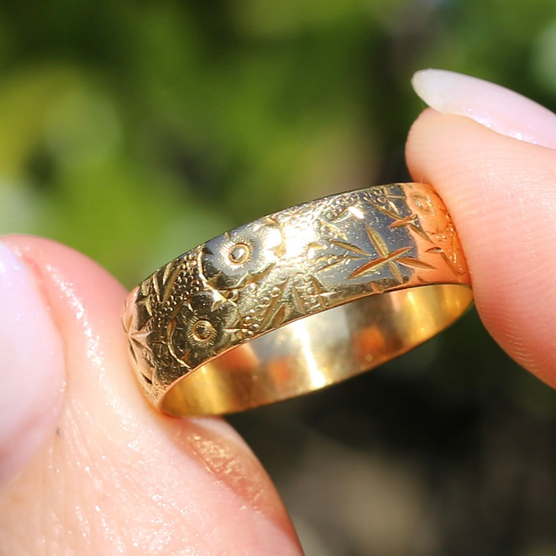 1964 22ct Half Round Band with Crisp Floral Engravings, size U1/2 ot 10.5 (fits about T1/2 or 9.75)