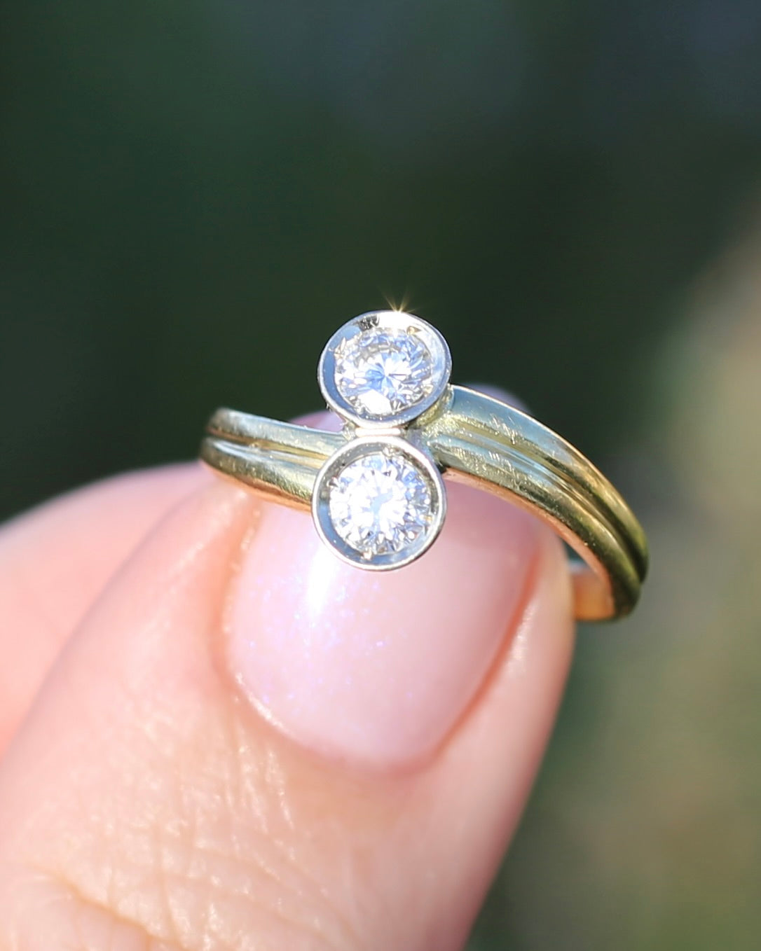 Vintage Toi Et Moi Two Stone Natural Diamond Ring, 18ct Yellow and White Gold Ring, size P1/2 or just over 7.75, 4.42g, with valuation