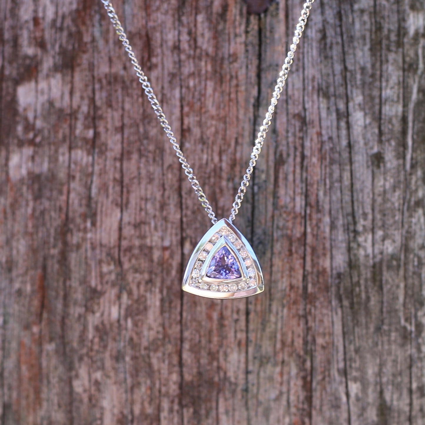 Trillion cut Tanzanite and Diamond Pendant, 14ct White Gold, with 9ct White Gold Chain