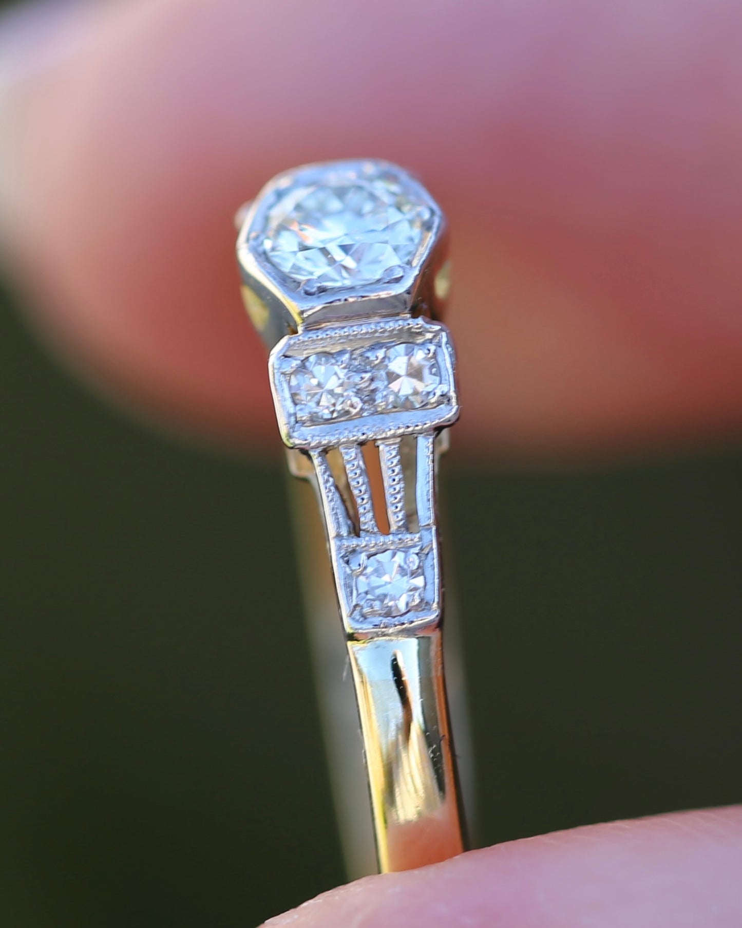 Hexagonal Grain Semi Modern Cut Diamond and Single Cut Diamond Shoulders Ring, 18ct White and Yellow Gold, size P1/2 or 8, 2.58g, with valuation