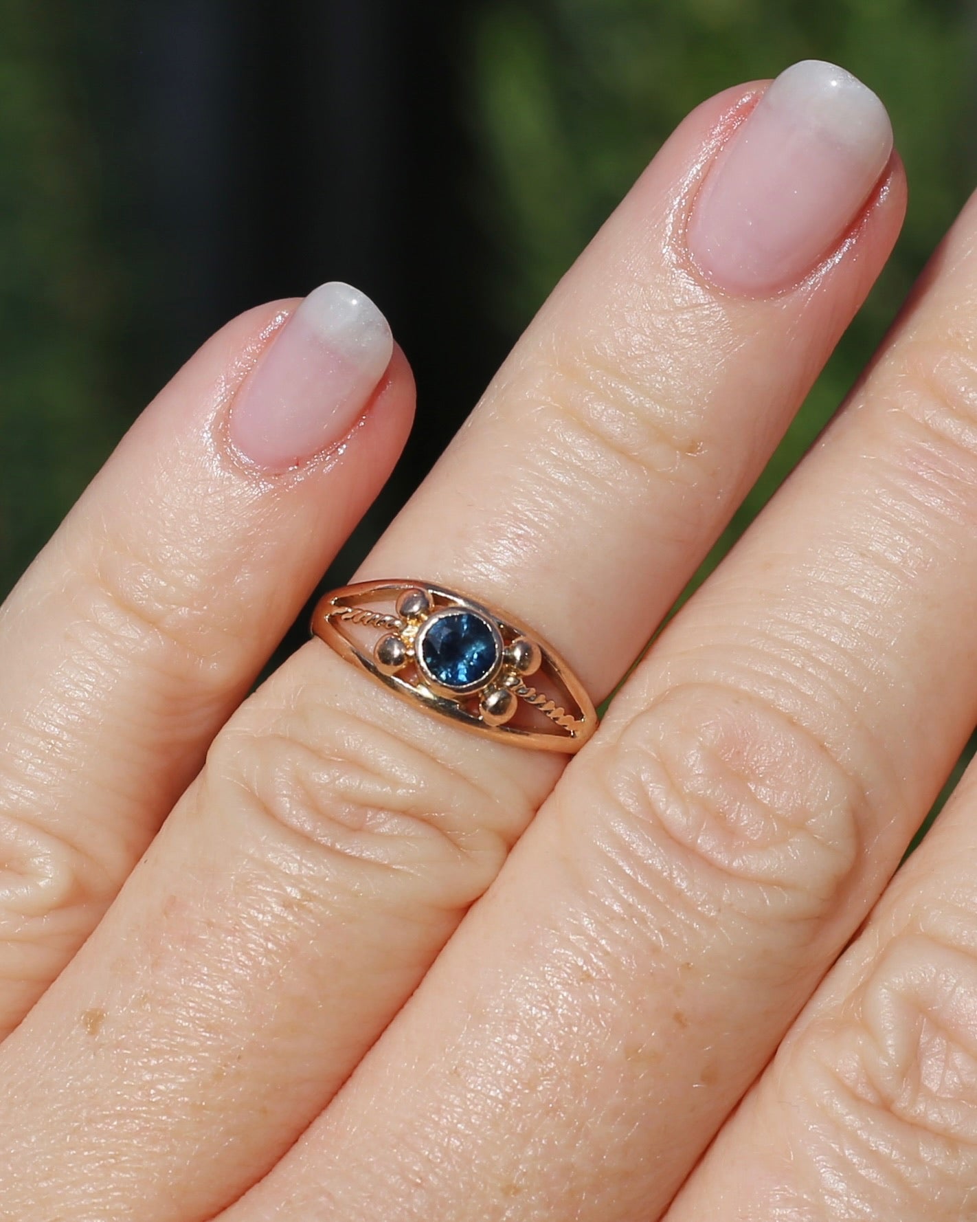 Bezel Set Blue Sapphire in Rose Gold Ring, 9ct Rose Gold, size K or 5.5, 2.30g