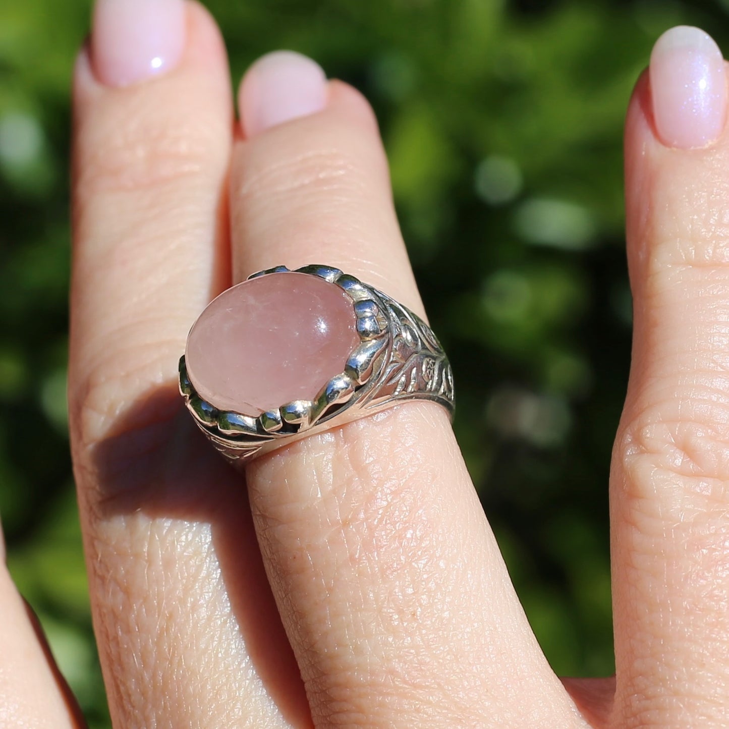 Rose Quartz Cabochon Ring, Sterling Silver, size O or 7.25