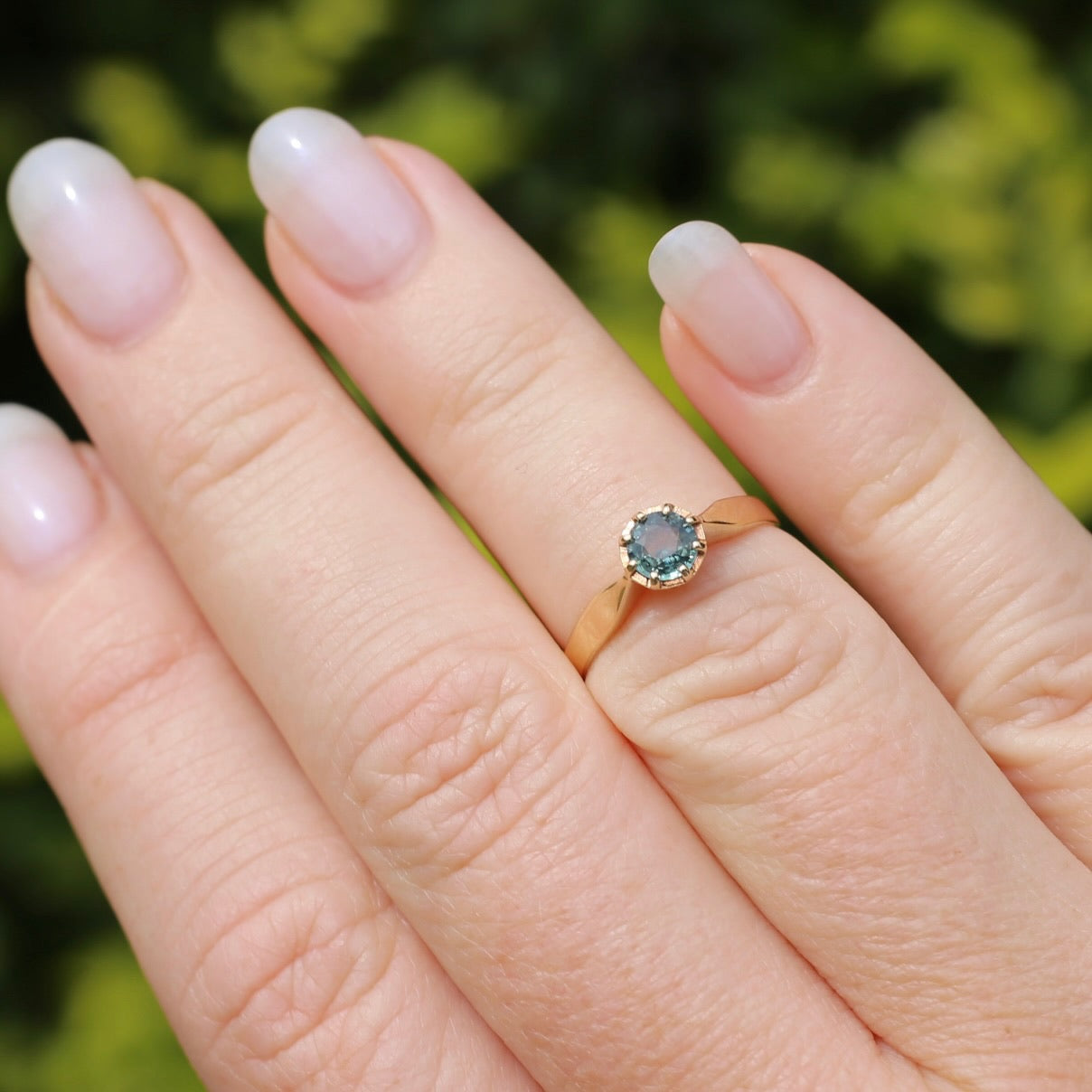 Seafoam Sapphire Solitaire in 8 Claw Setting, 9ct Yellow Gold, size L or just under 5.5