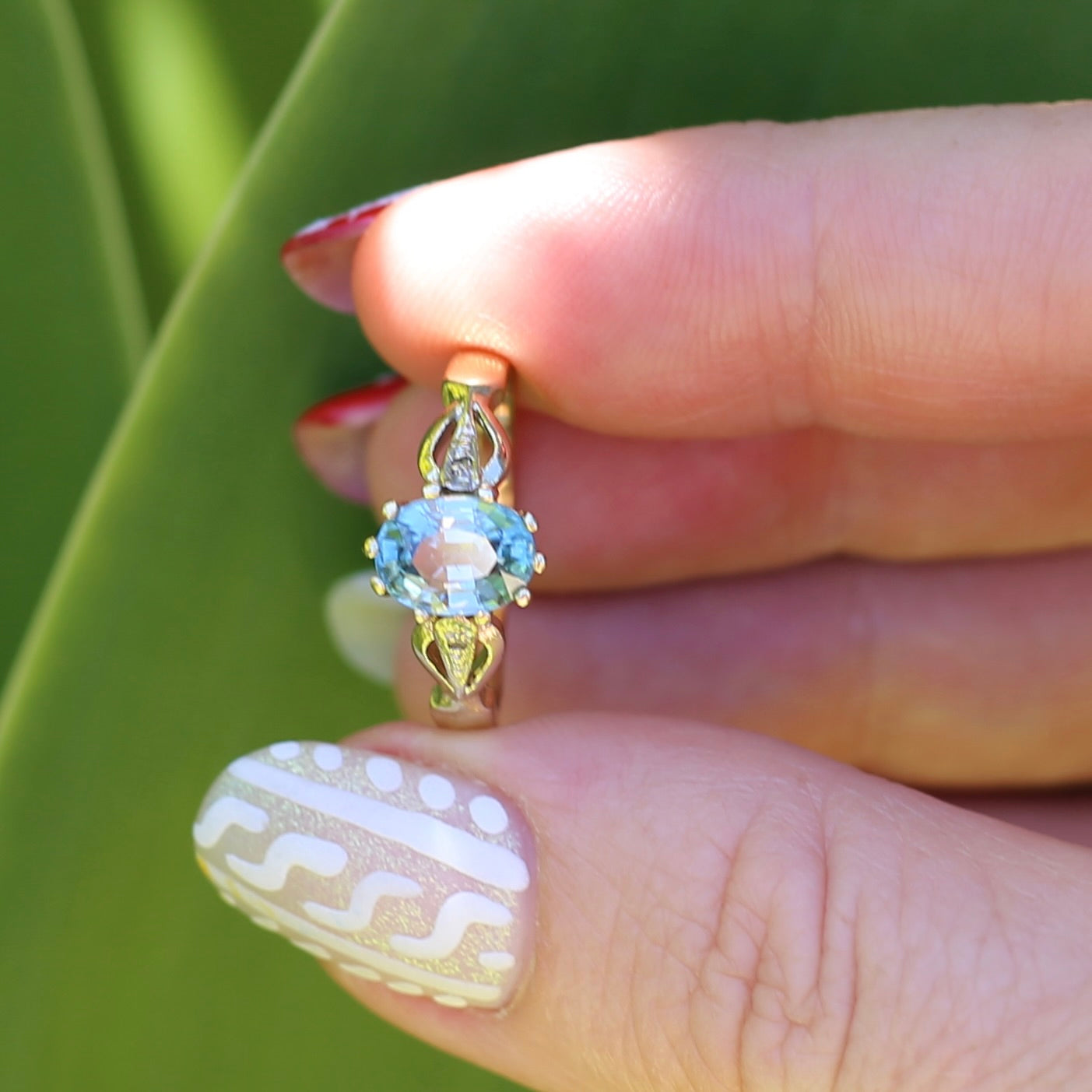 Oval Blue Zircon with Decorative Diamond Shoulders, size N or 6.75