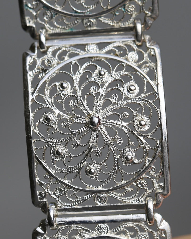 Vintage Filigree 835 Silver Bracelet with Safety Clasp, 835 European Silver, 20.75g, 7.5 inches or 19cm