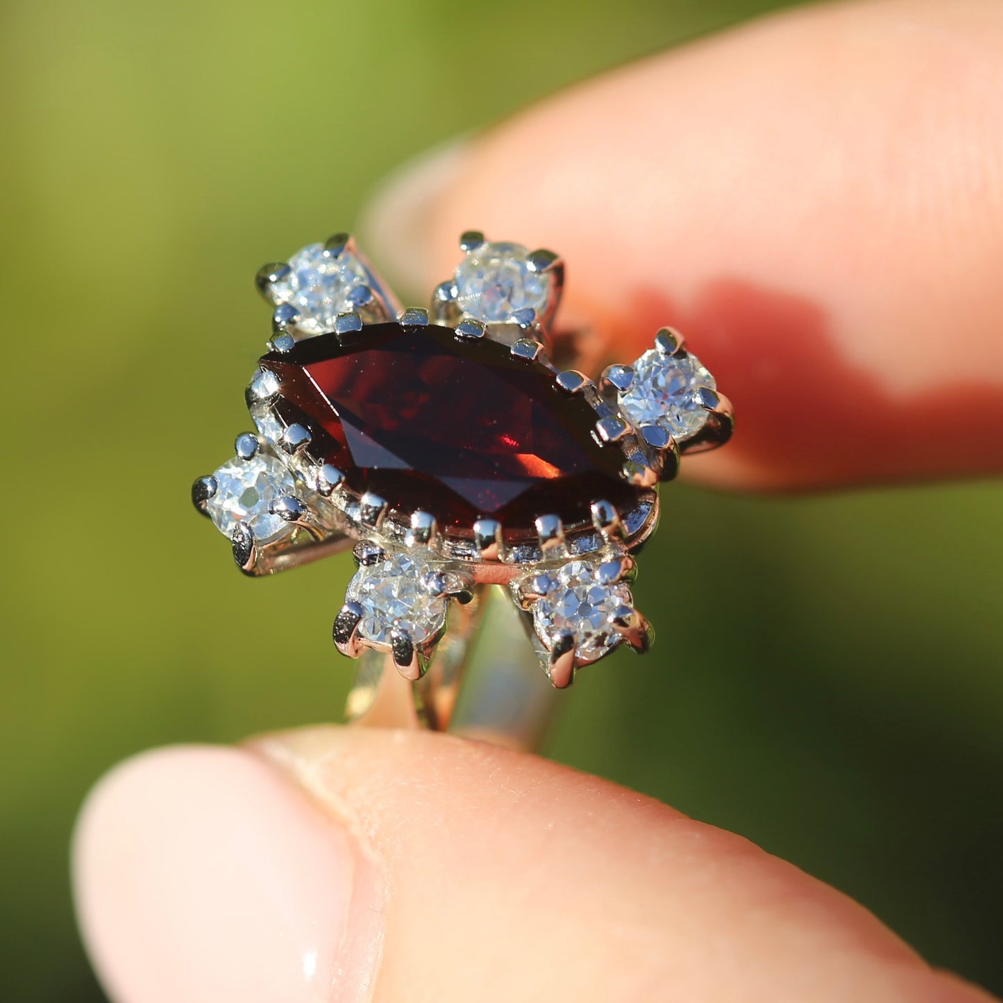 Viking feel Marquise Garnet With 6 Transitional Cut Diamonds, 18ct White and Yellow Gold, size N1/2 or 7