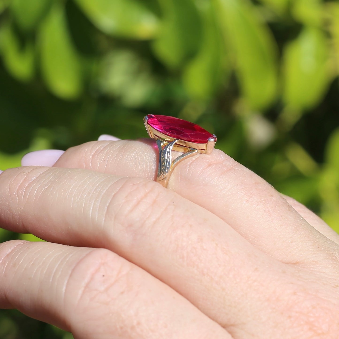 Mid Century Russian Synthetic Ruby Ring, 14ct Rosey Gold, size L1/2 or 6