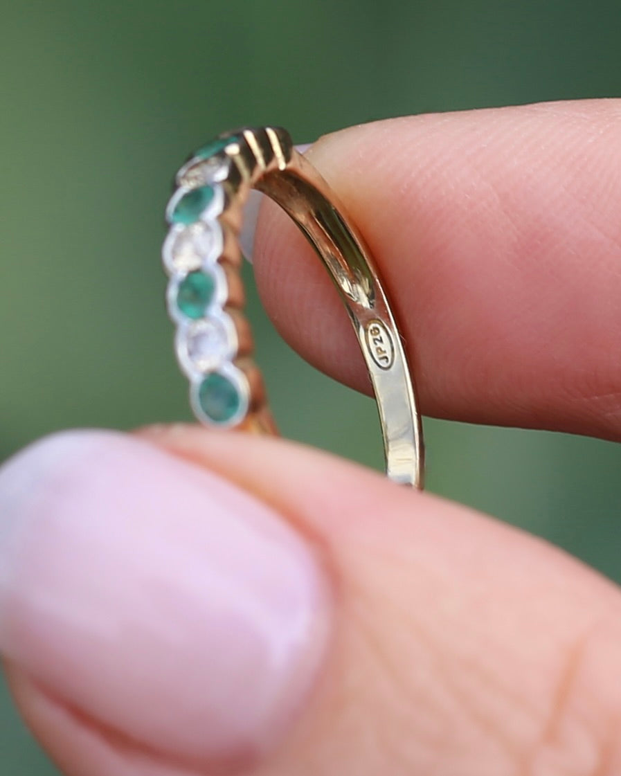 Natural Emerald and Diamond Half Hoop, 9ct Yellow and White Gold, size O or 7.25, 1.76g