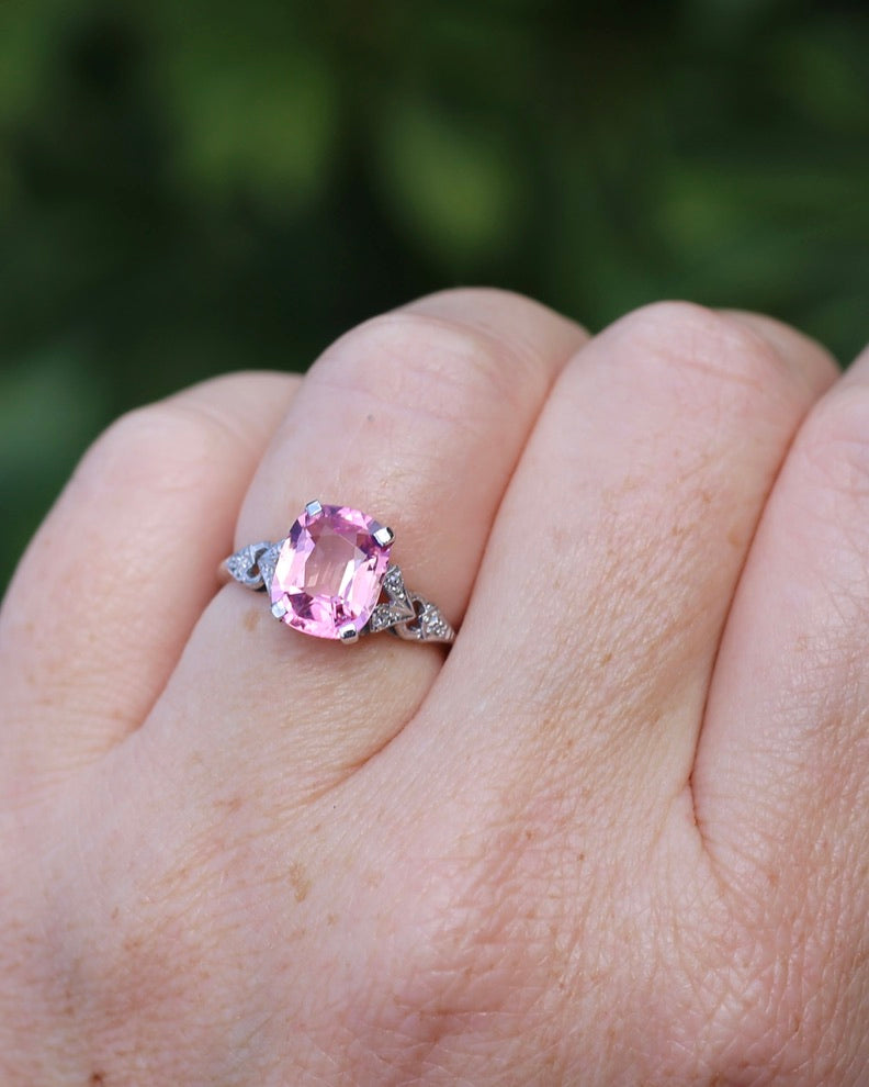 Pale Pink Tourmaline and Old Cut Diamond Shoulder Ring, 18ct White Gold and Platinum, size N or 6.75, 2.63g